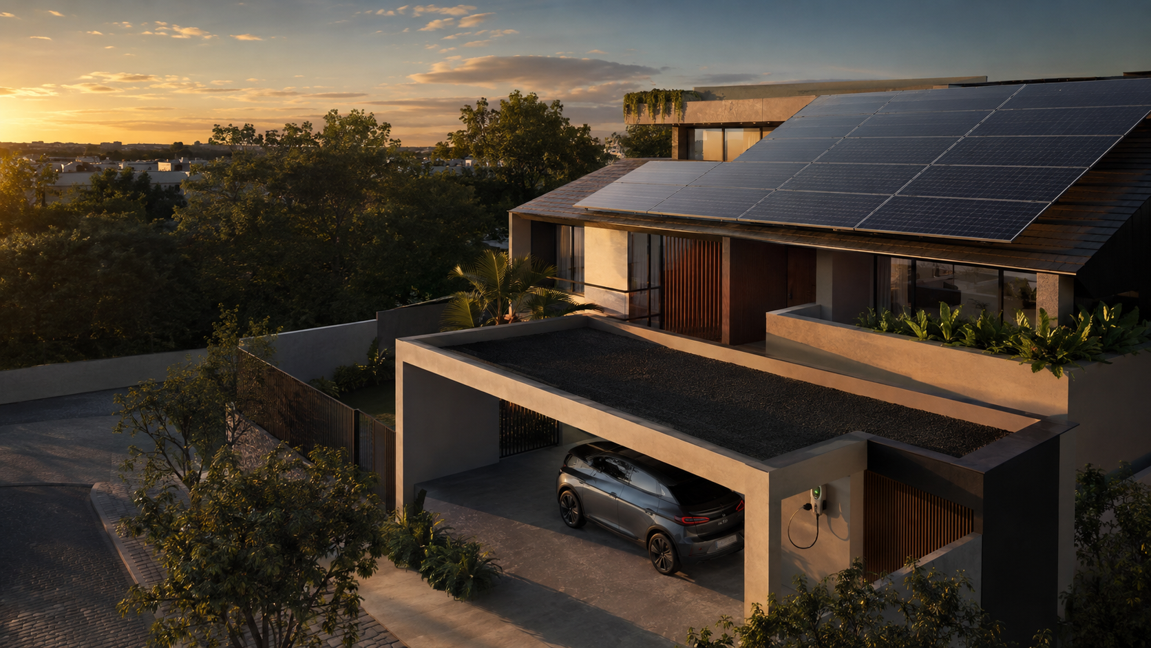 Residência contemporânea com energia solar e carregador veicular